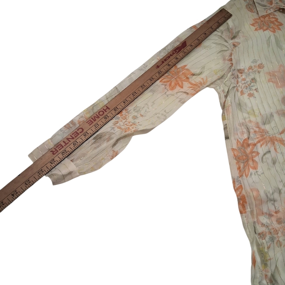 Vintage EUC Womens FINALE Sz. M Off-white/Orange Floral Long Sleeve Sheer Blouse - Picture 10 of 13
